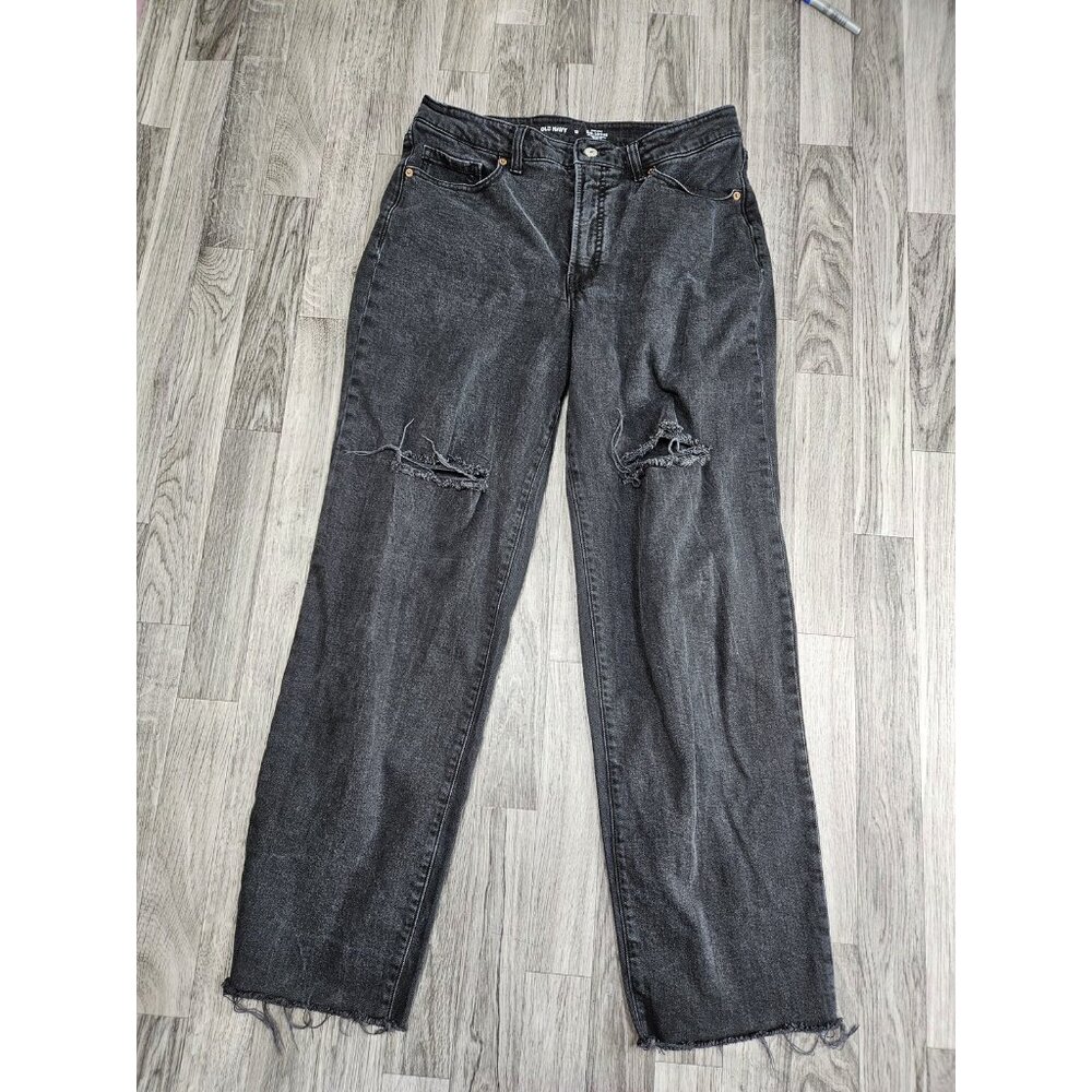 Old Navy Jeans Womens 12 Black High Rise‎ O.G. Loose Distressed Denim
